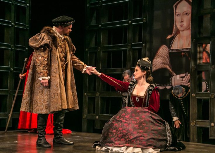 King Henry (David Foubert) greets his faithful wife, Queen Katherine (Jessica Wortham). Photo: © Jerry Dalia, The Shakespeare